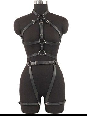 Adjustable Black Leather Harness Bodysuit
